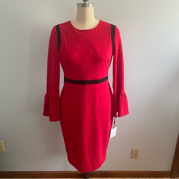Calvin Klein Color-Blocked Bell Sleeve Sheath Dress- Red & Black- Size 10- NWT - Picture 2 of 12